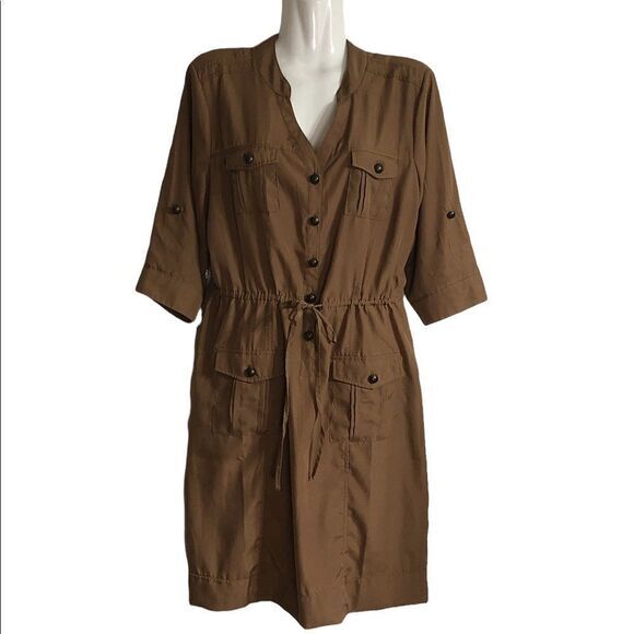 Beige by eci shirt dress Sz 8 utility safari pockets tie waist brown tab‎ sleeve - Picture 1 of 7